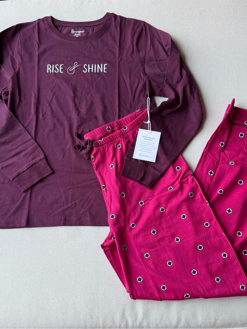 Women’s Pajamagram Rise & Shine Maroon Long Sleeve Top Fuchsia Polka Dot Pants